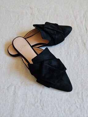 J. Crew Black Pointed Bow-Detail Slip-On Mules Suede Leather Flats Shoes Size 5